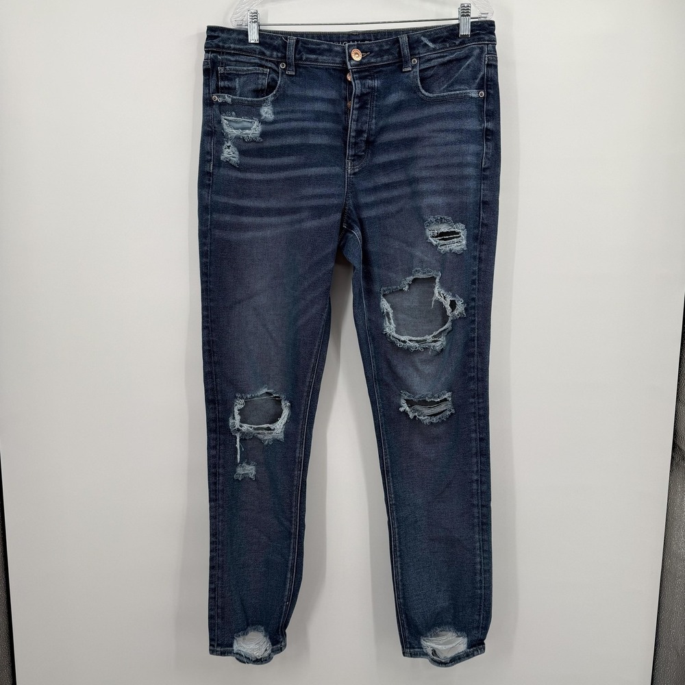 American Eagle Jeans Womens 14 X-Long  Blue Tomgirl High Rise Distressed Stretch